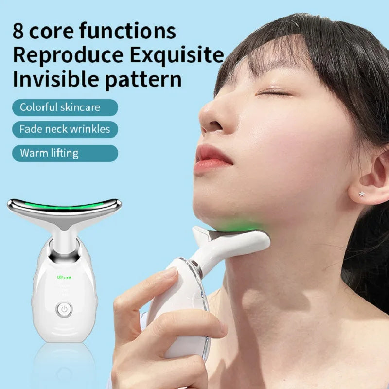 Neck Face Beauty Device Colorful LED Photon Therapy Skin Tighten Reduce Double Chin Anti Wrinkle Remove Lifting Massager - Wizcoffer