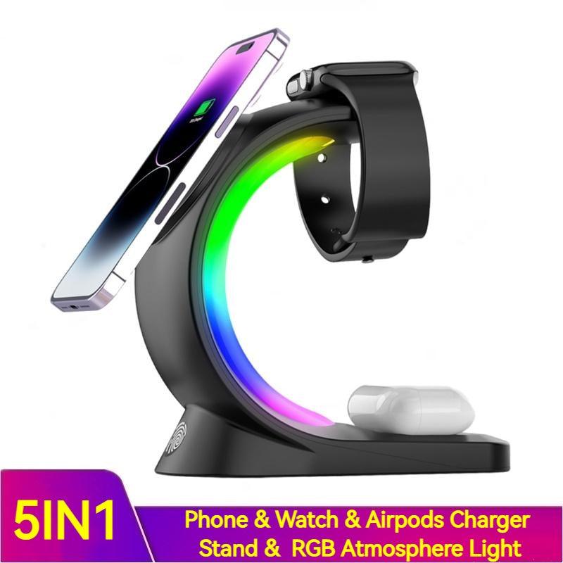 4 In 1 Magnetic Wireless Charger Fast Charging For Smart Phone Atmosphere Light Charging Station For Airpods Pro I-phone Watch - Wizcoffer