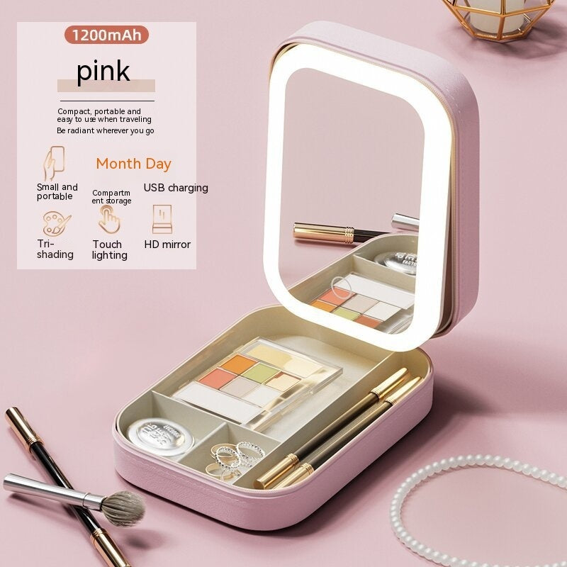 Makeup Storage Box With LED Light Mirror Portable Travel Makeup Cosmetics Storage Box Touch Light Storage Organizer - Wizcoffer